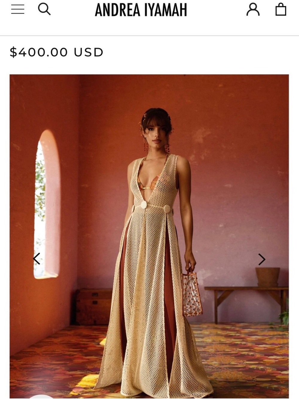 Andrea Iyamah Beige Cream Plunging Mesh Maxi Dress with Gold Accents